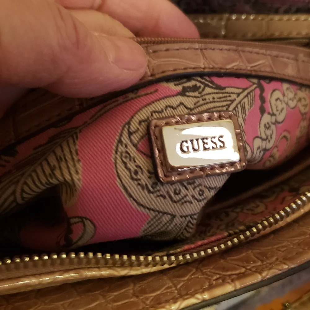 Guess Croc-Embossed Satchel in Pink Gray and Cream